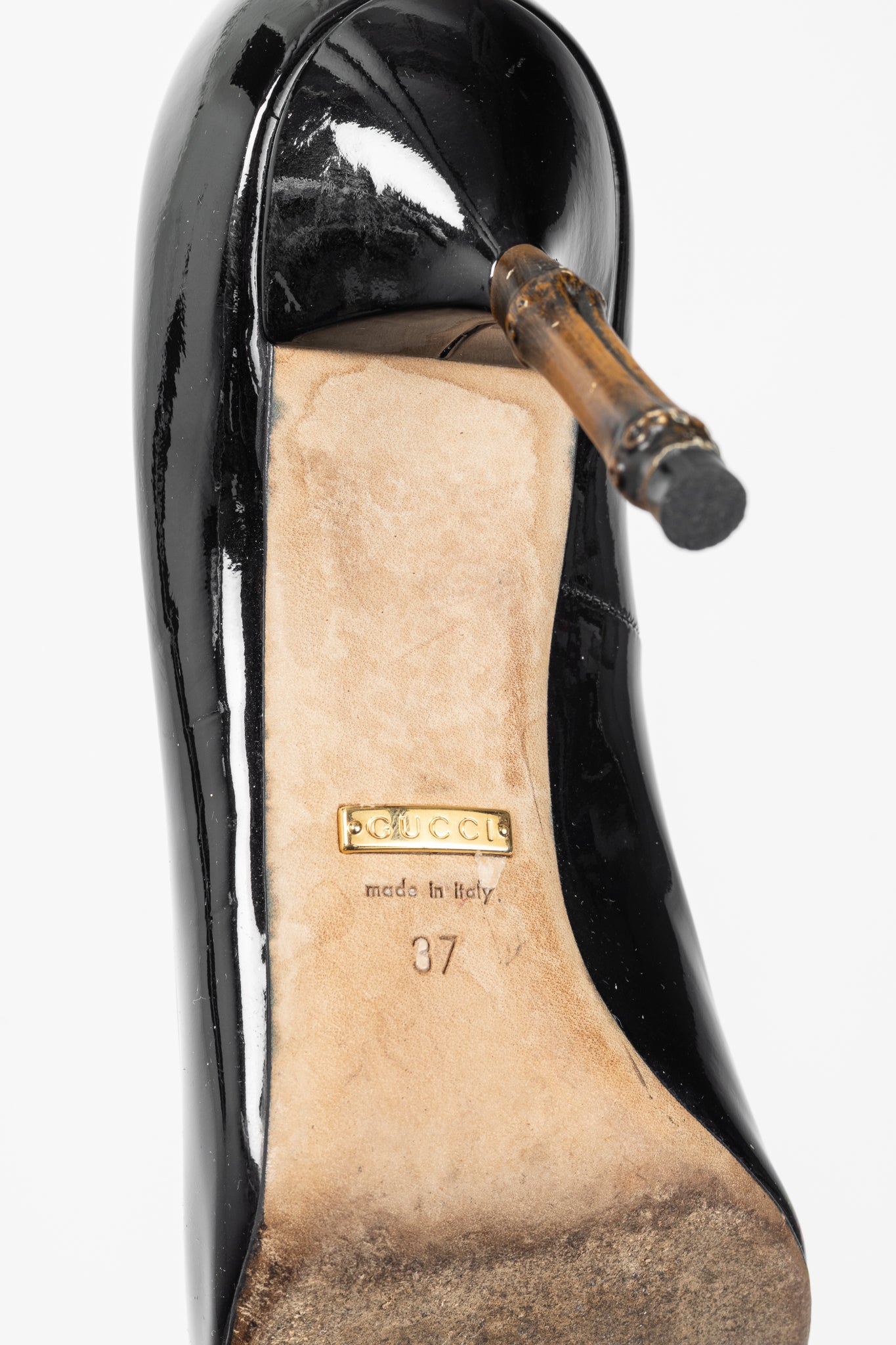 Gucci Kristen Black Patent-Leather Pointed Toe Bamboo Heels