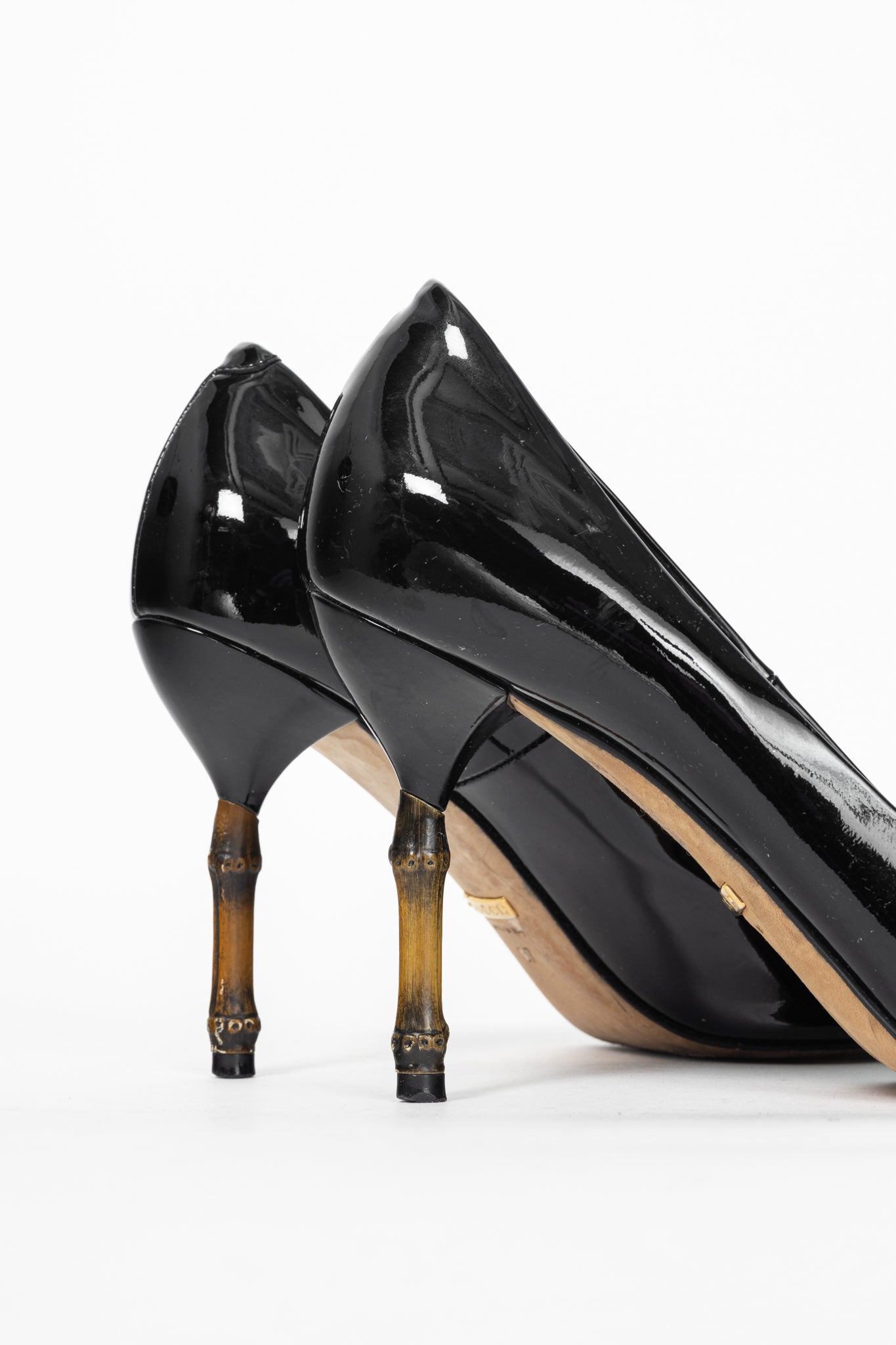 Gucci Kristen Black Patent-Leather Pointed Toe Bamboo Heels
