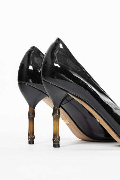 Gucci Kristen Black Patent-Leather Pointed Toe Bamboo Heels