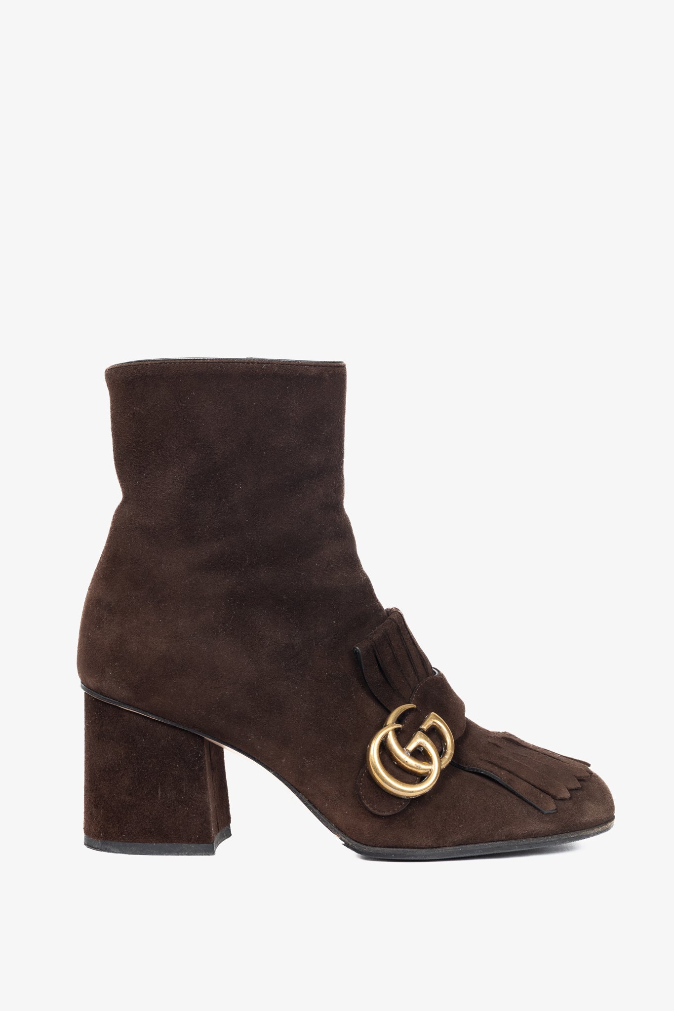 Gucci GG Marmont Chocolate Suede Fringed Ankle Boots