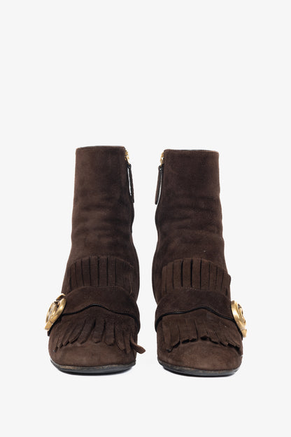 Gucci GG Marmont Chocolate Suede Fringed Ankle Boots