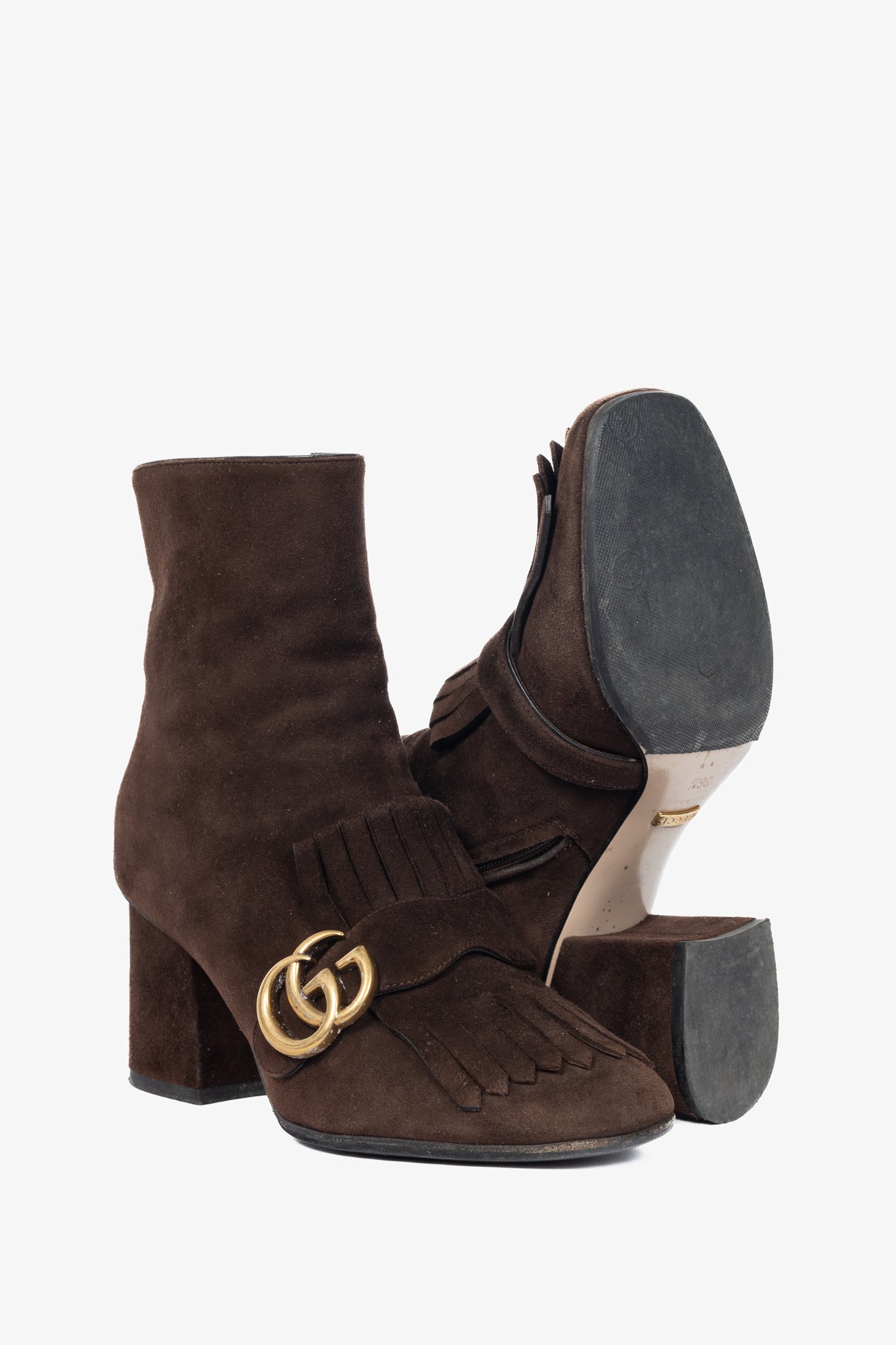 Gucci GG Marmont Chocolate Suede Fringed Ankle Boots