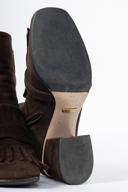 Gucci GG Marmont Chocolate Suede Fringed Ankle Boots