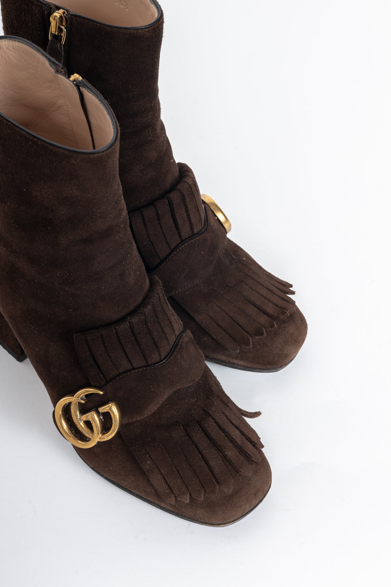 Gucci GG Marmont Chocolate Suede Fringed Ankle Boots