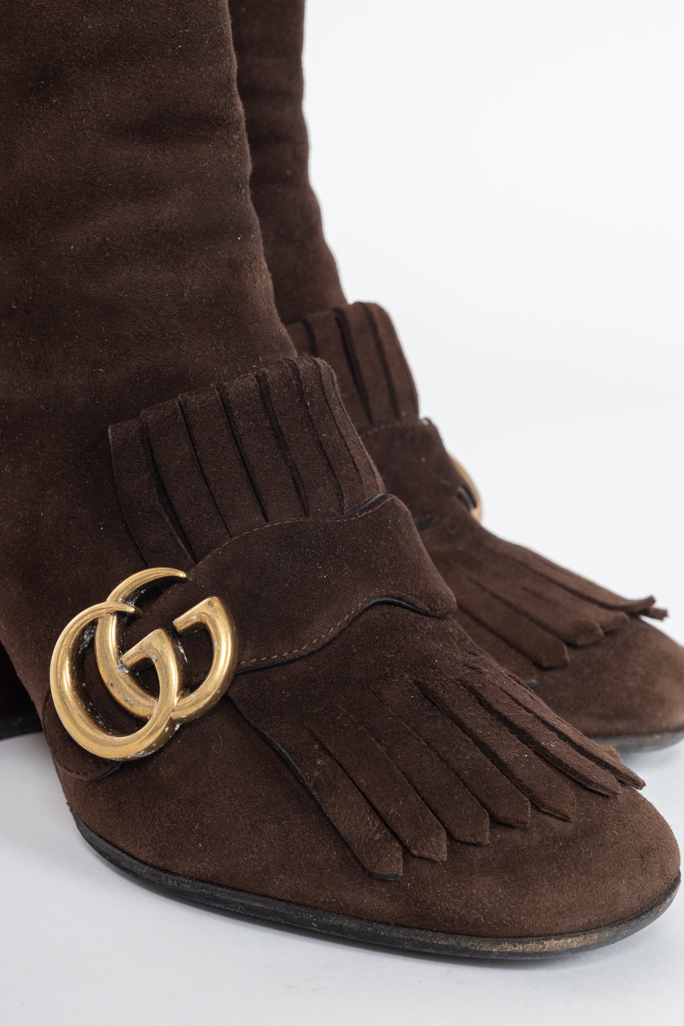 Gucci GG Marmont Chocolate Suede Fringed Ankle Boots