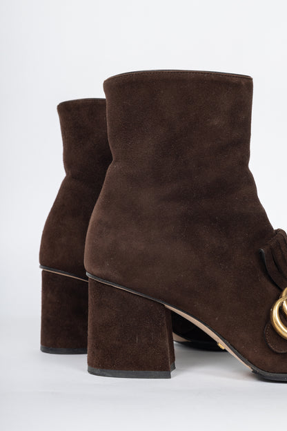 Gucci GG Marmont Chocolate Suede Fringed Ankle Boots