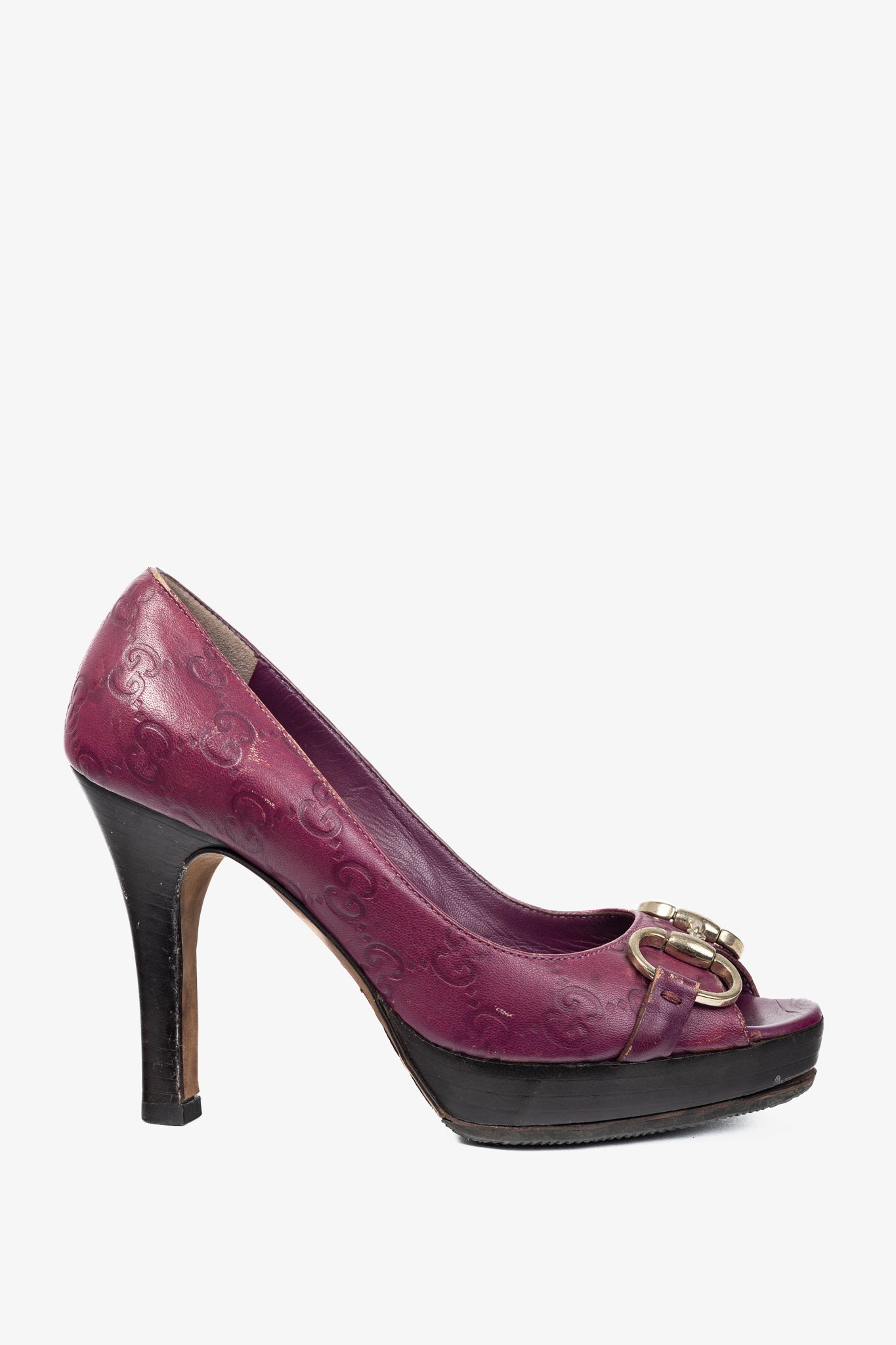Gucci Purple Guccissima Soft Leather Horsebit Peep-Toe Pumps