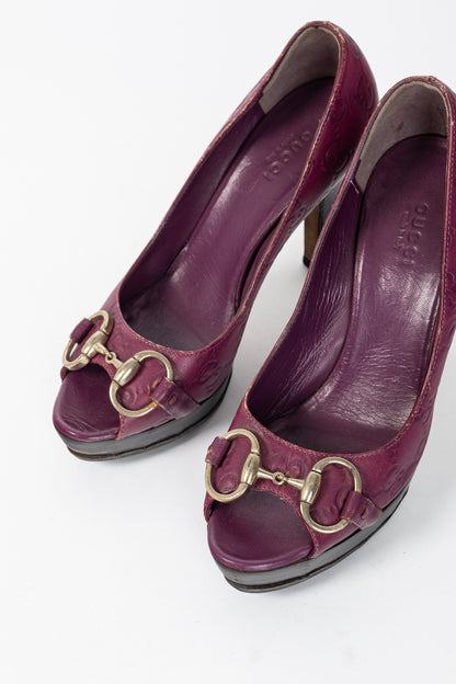 Gucci Purple Guccissima Soft Leather Horsebit Peep-Toe Pumps