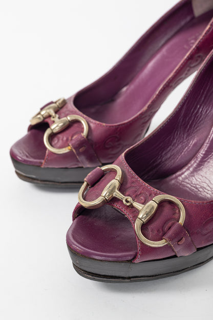Gucci Purple Guccissima Soft Leather Horsebit Peep-Toe Pumps