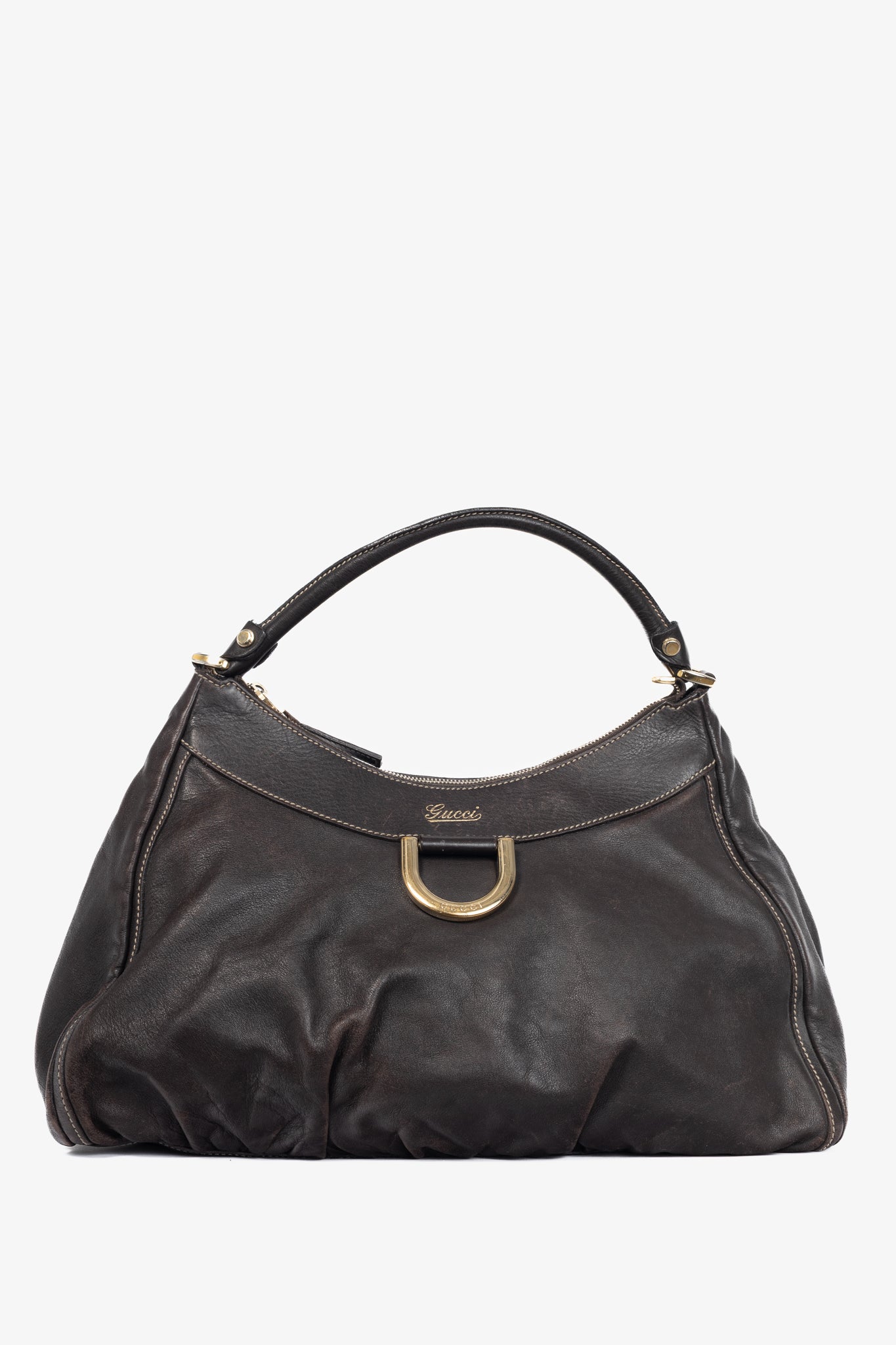 Gucci D-Gold Brown Leather Large Hobo