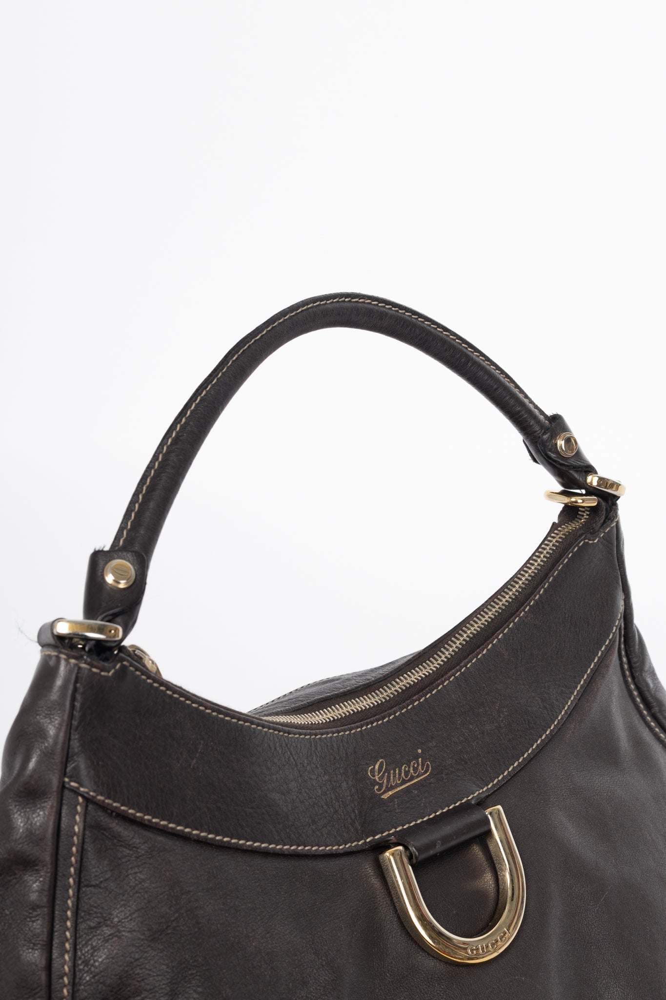Gucci D-Gold Brown Leather Large Hobo