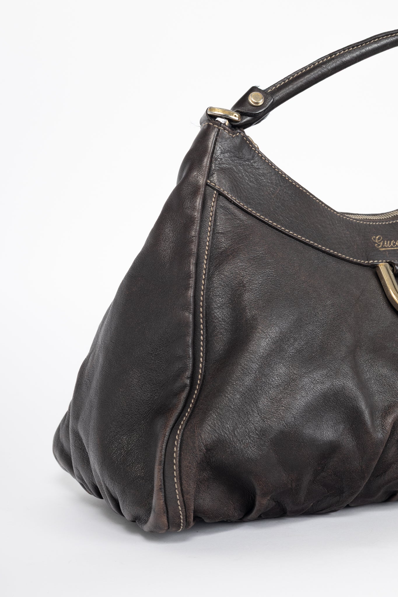 Gucci D-Gold Brown Leather Large Hobo