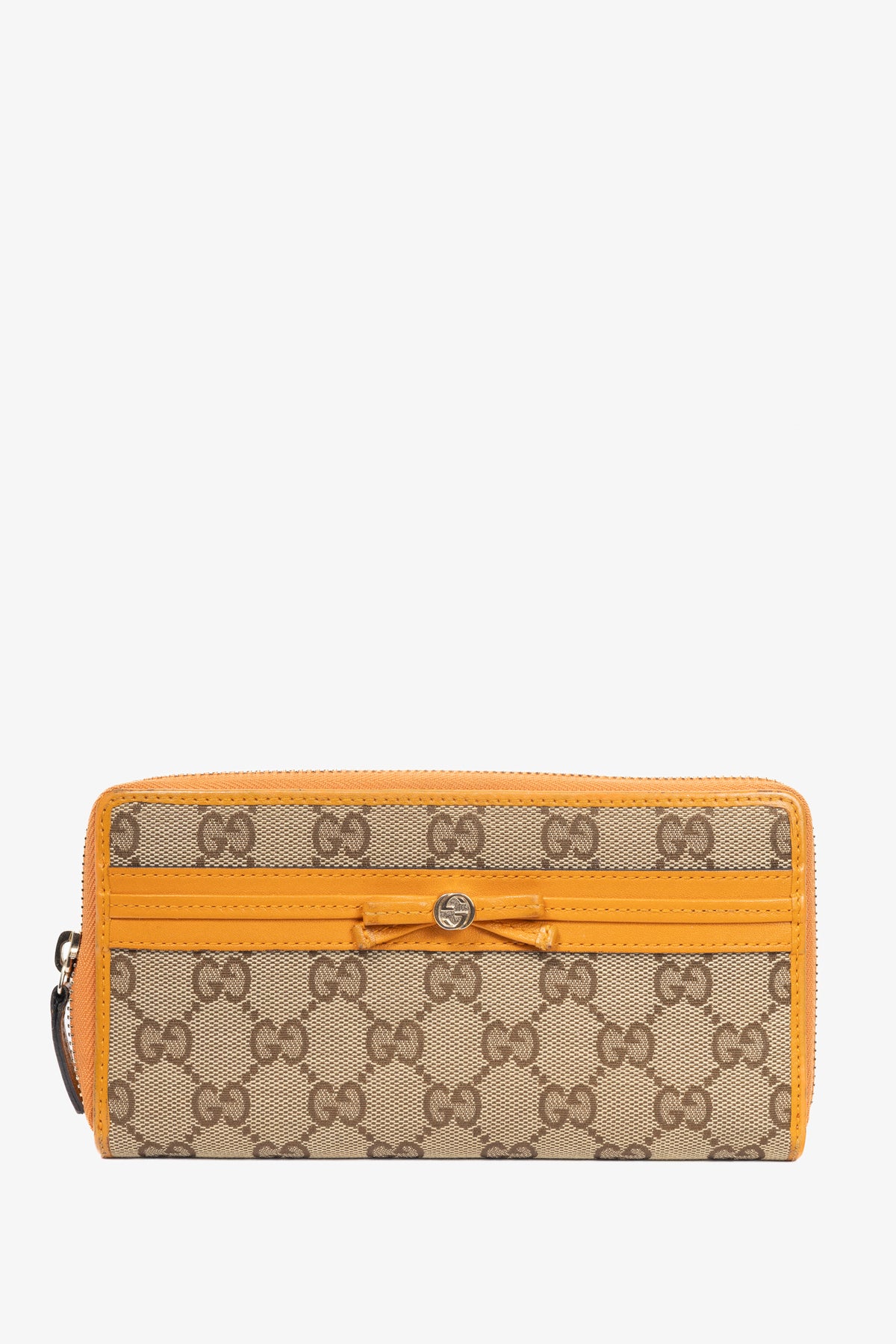 Gucci Beige & Ebony Orange-Trim GG Canvas Bow Wallet