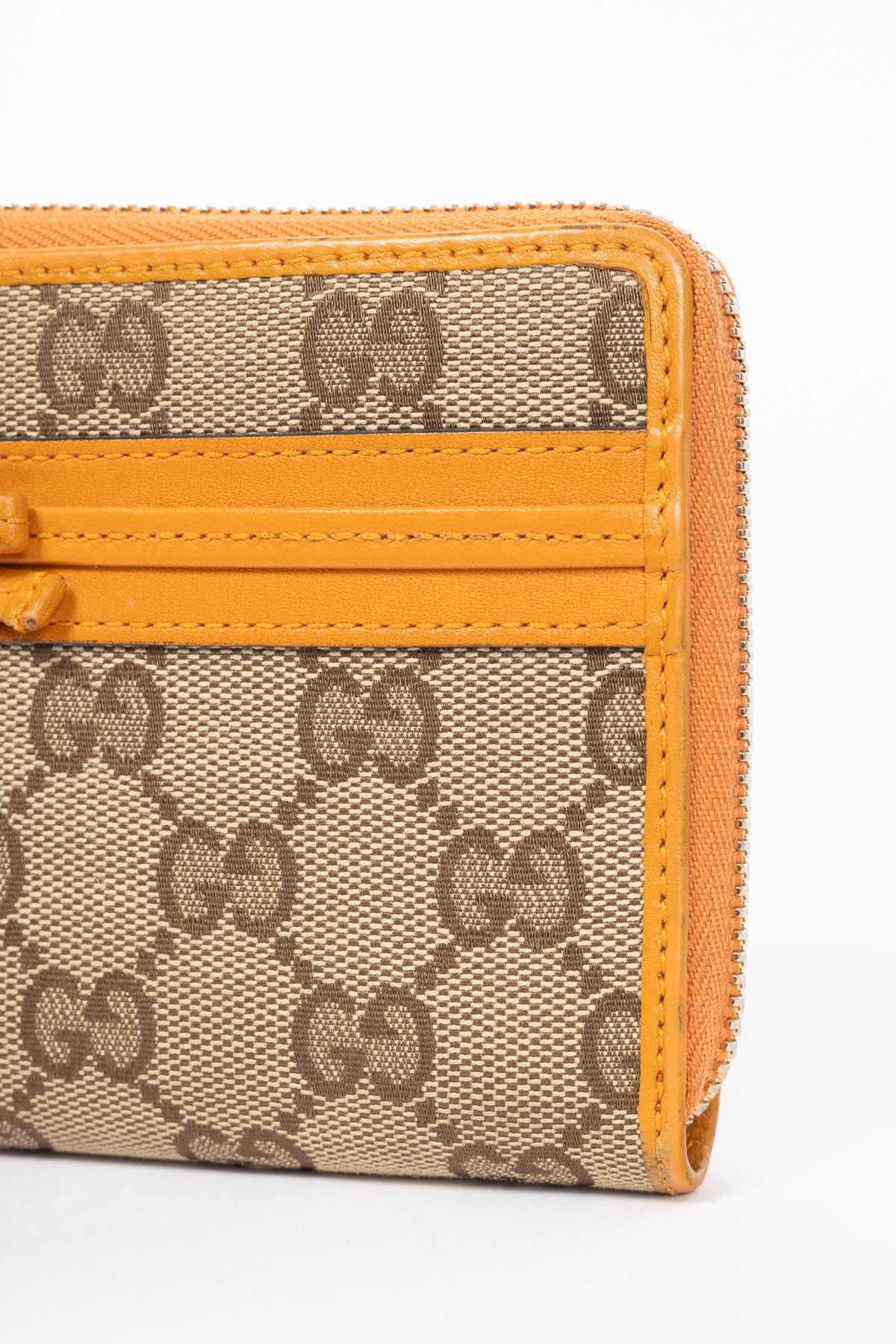 Gucci Beige & Ebony Orange-Trim GG Canvas Bow Wallet