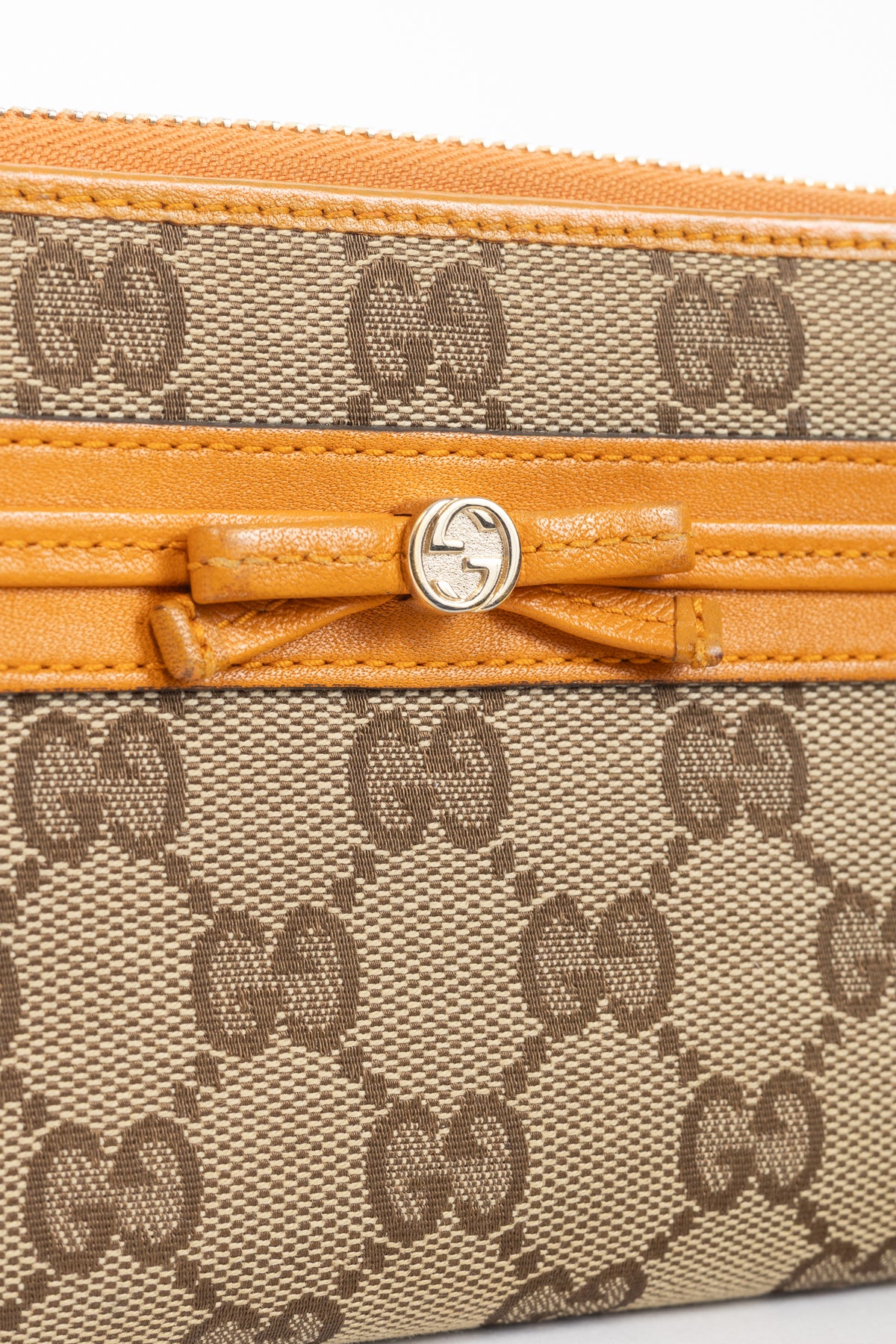 Gucci Beige & Ebony Orange-Trim GG Canvas Bow Wallet