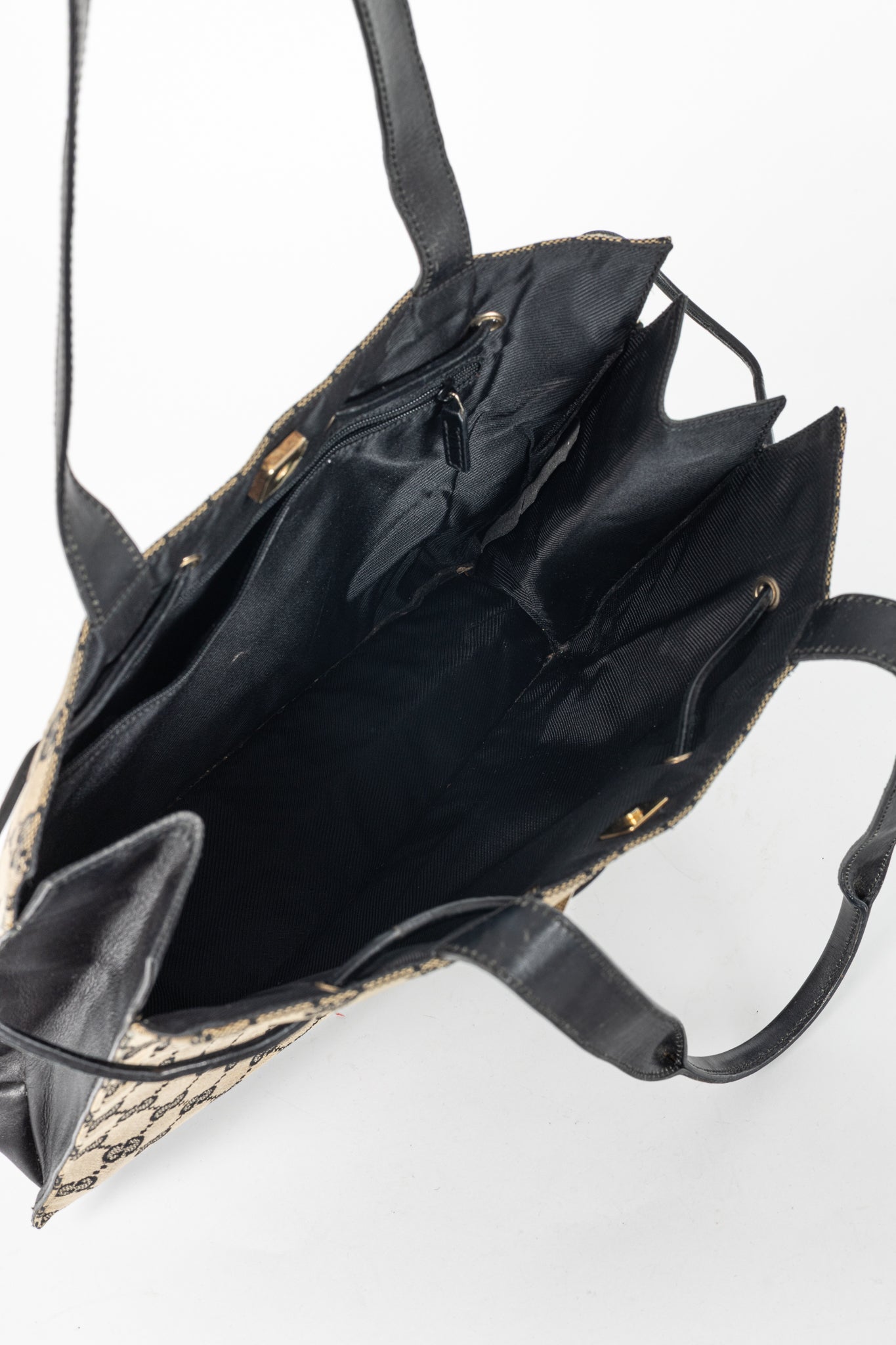 Gucci Khaki GG Canvas Black-Leather Drawstring Tote