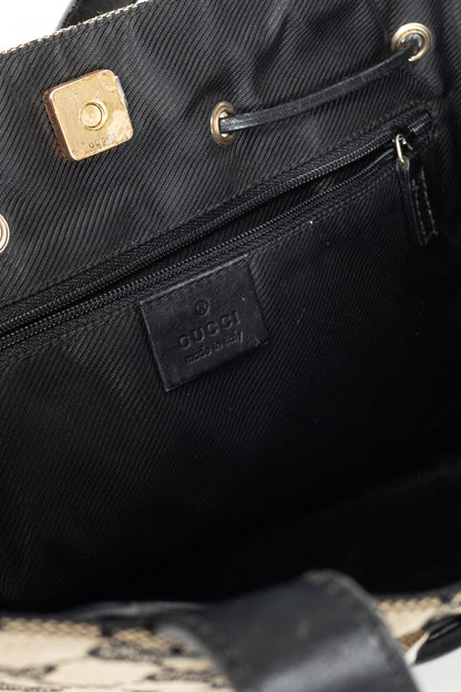Gucci Khaki GG Canvas Black-Leather Drawstring Tote
