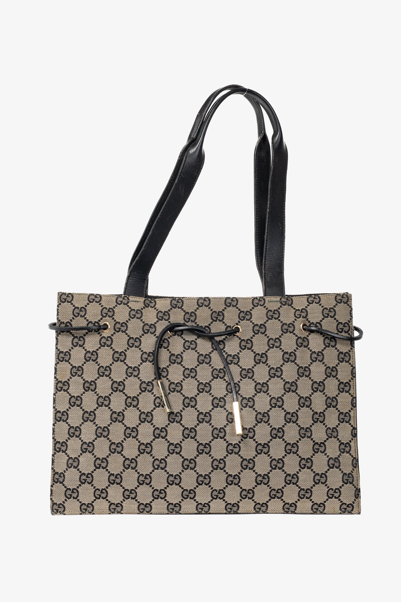 Gucci Khaki GG Canvas Black-Leather Drawstring Tote