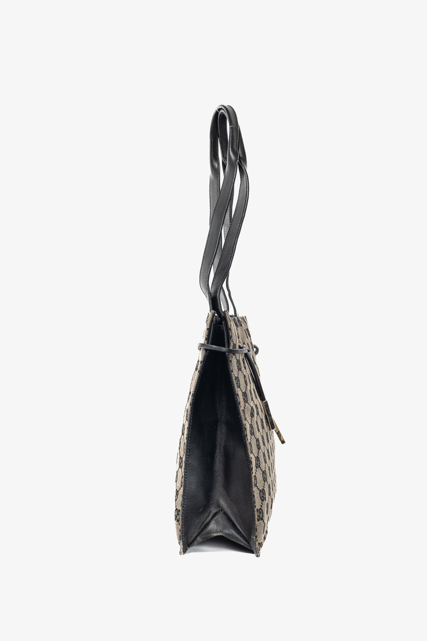 Gucci Khaki GG Canvas Black-Leather Drawstring Tote