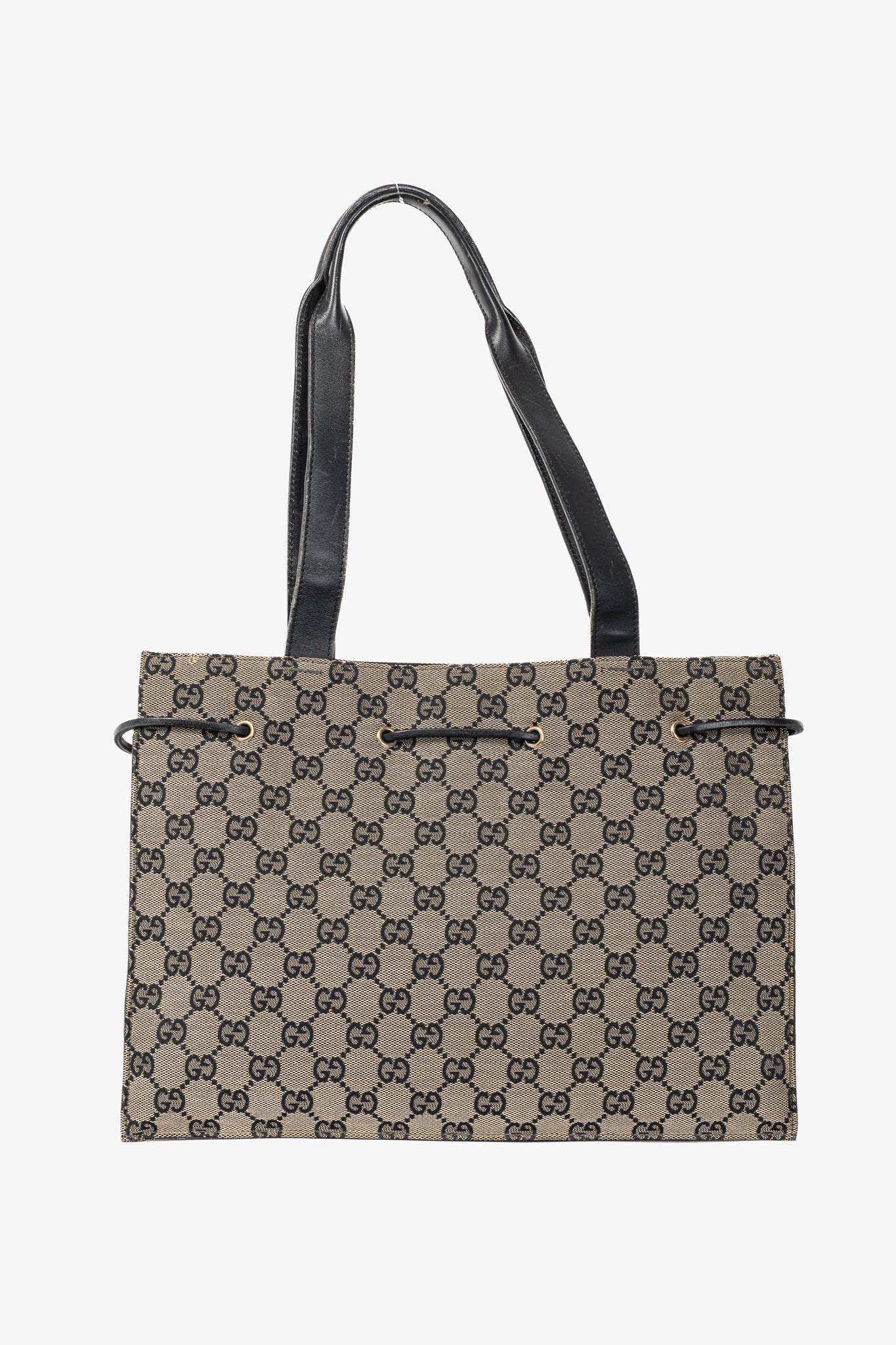 Gucci Khaki GG Canvas Black-Leather Drawstring Tote