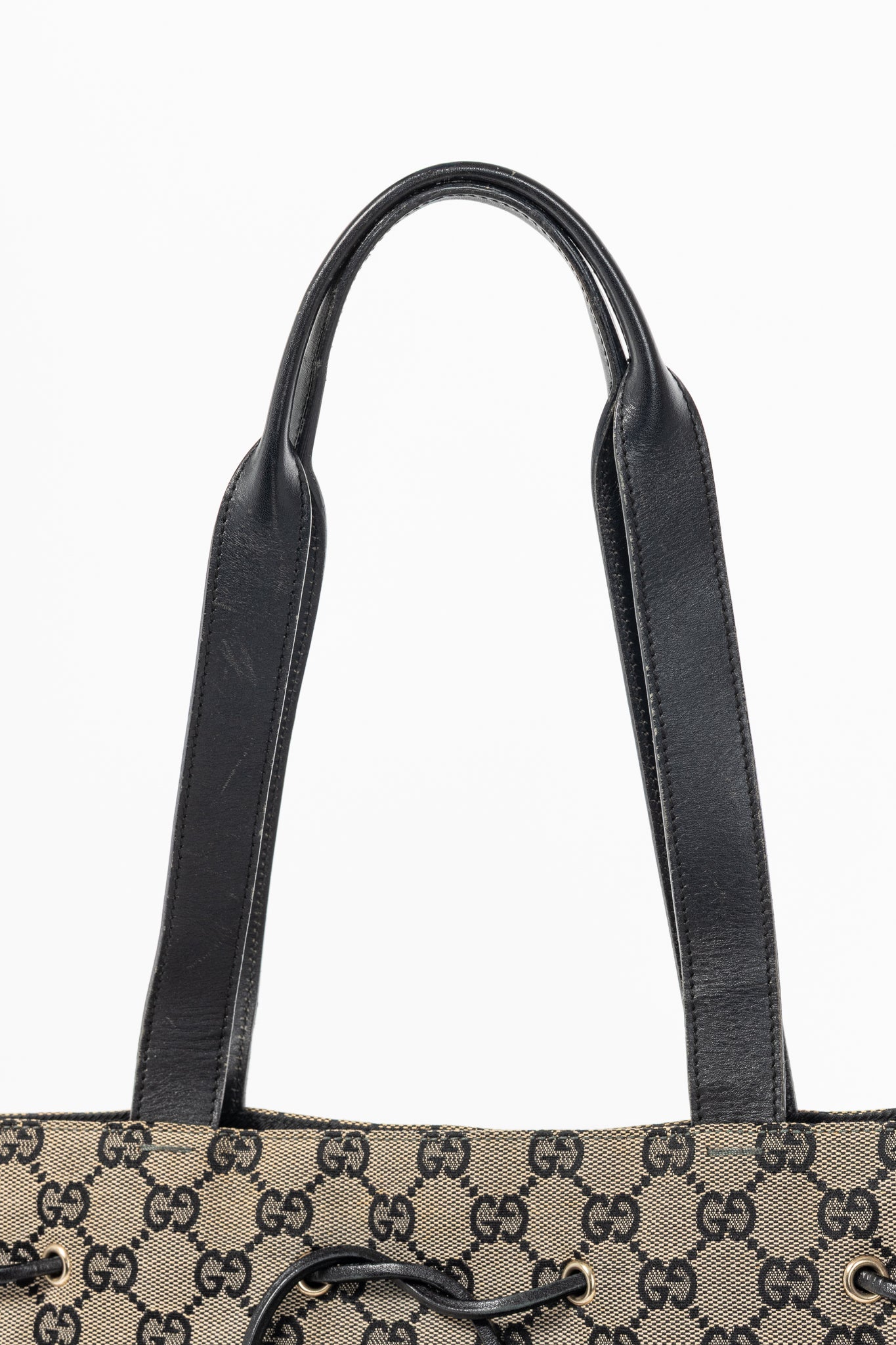Gucci Khaki GG Canvas Black-Leather Drawstring Tote