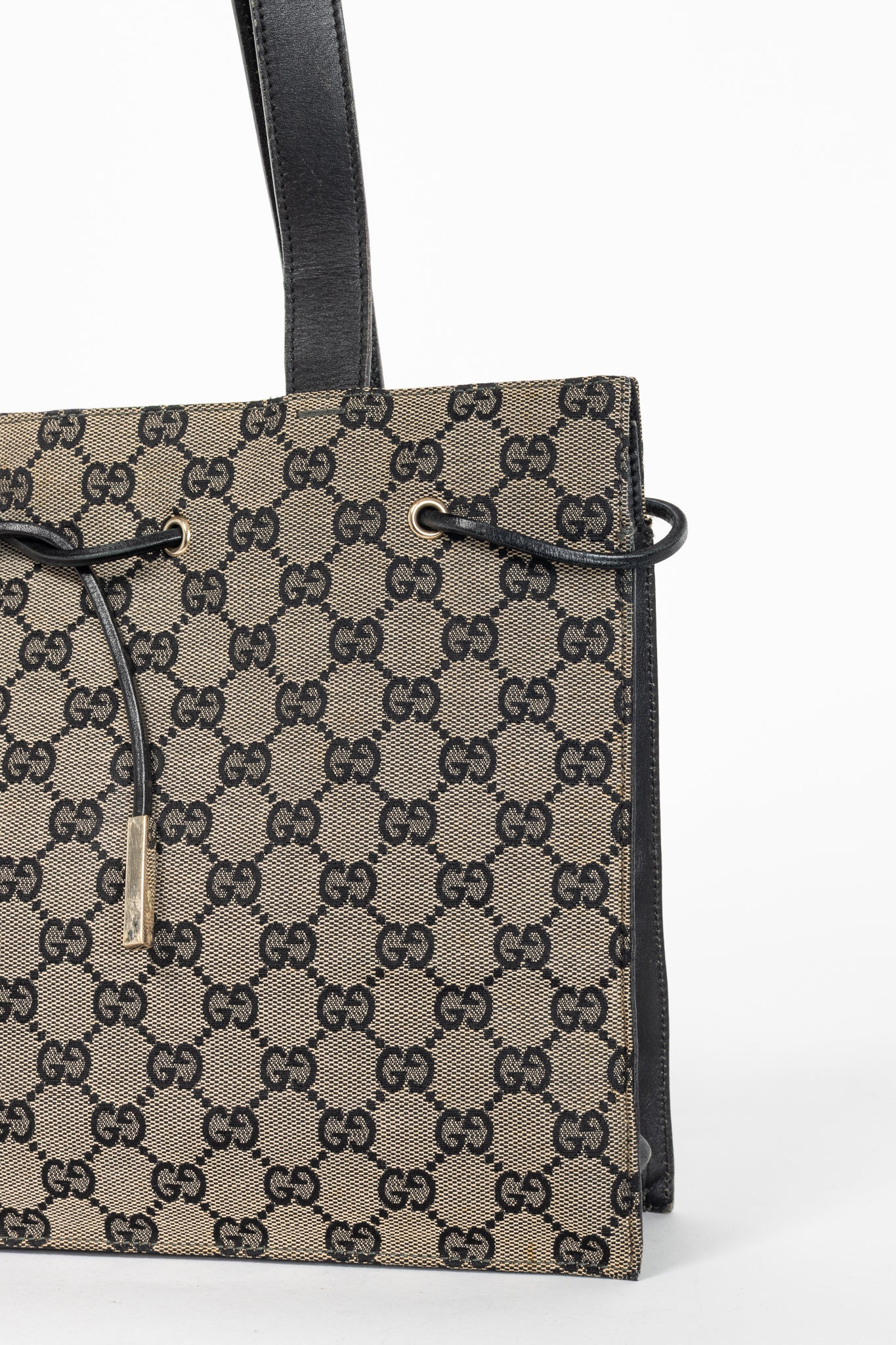 Gucci Khaki GG Canvas Black-Leather Drawstring Tote