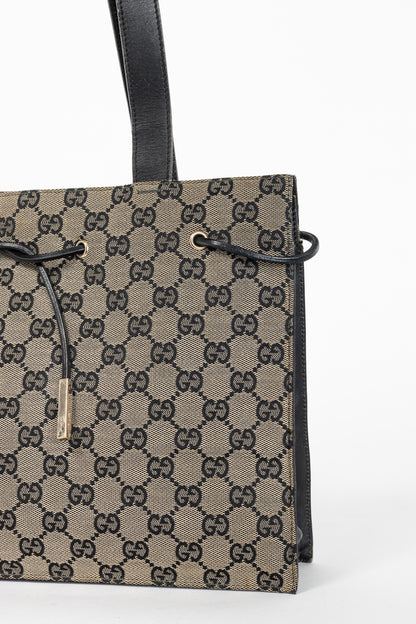 Gucci Khaki GG Canvas Black-Leather Drawstring Tote