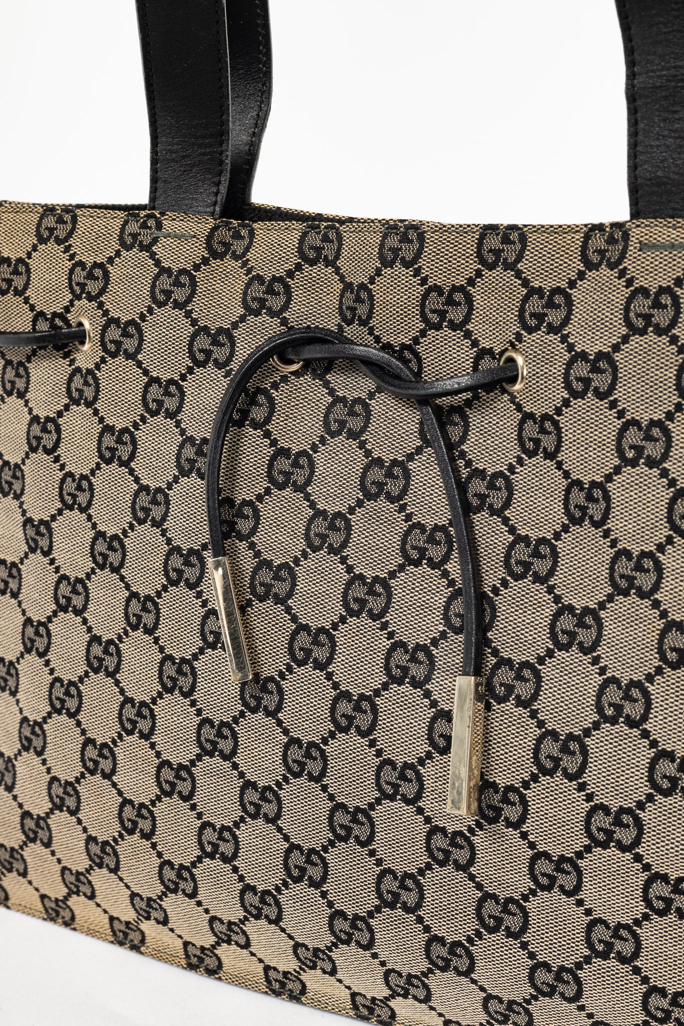 Gucci Khaki GG Canvas Black-Leather Drawstring Tote