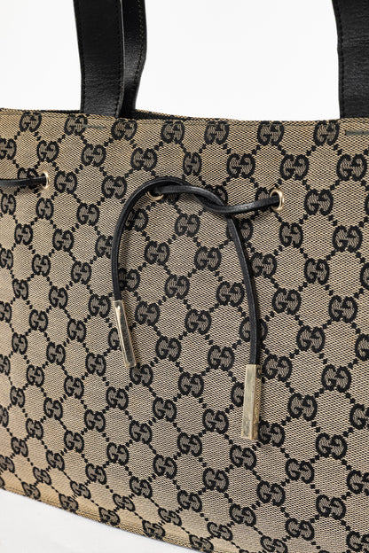 Gucci Khaki GG Canvas Black-Leather Drawstring Tote