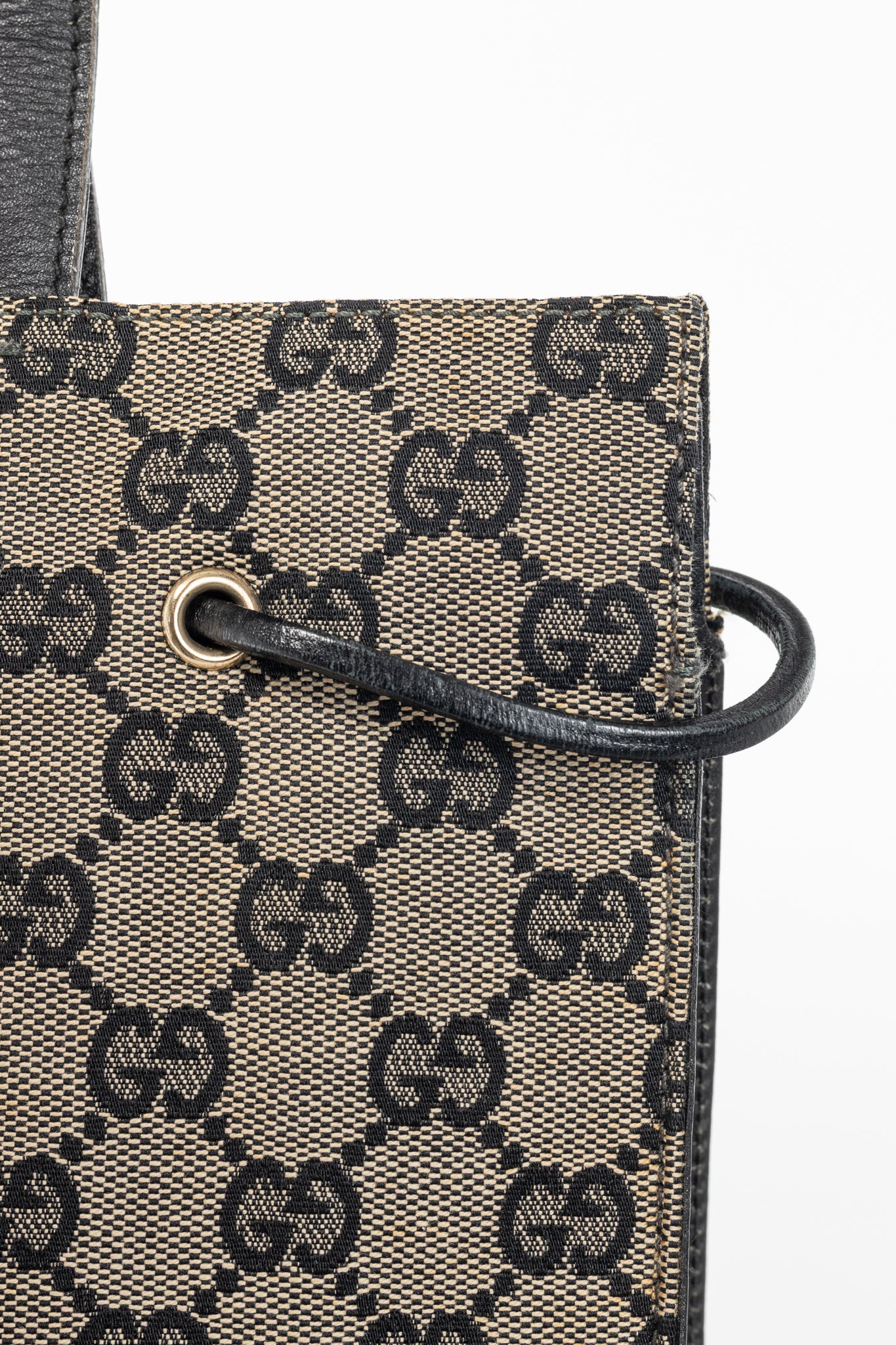Gucci Khaki GG Canvas Black-Leather Drawstring Tote