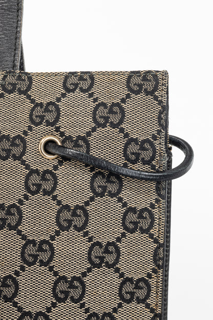 Gucci Khaki GG Canvas Black-Leather Drawstring Tote