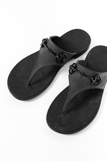 Gucci Black Rubber Horsebit Thong Sandals