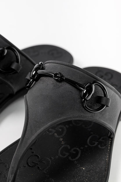 Gucci Black Rubber Horsebit Thong Sandals
