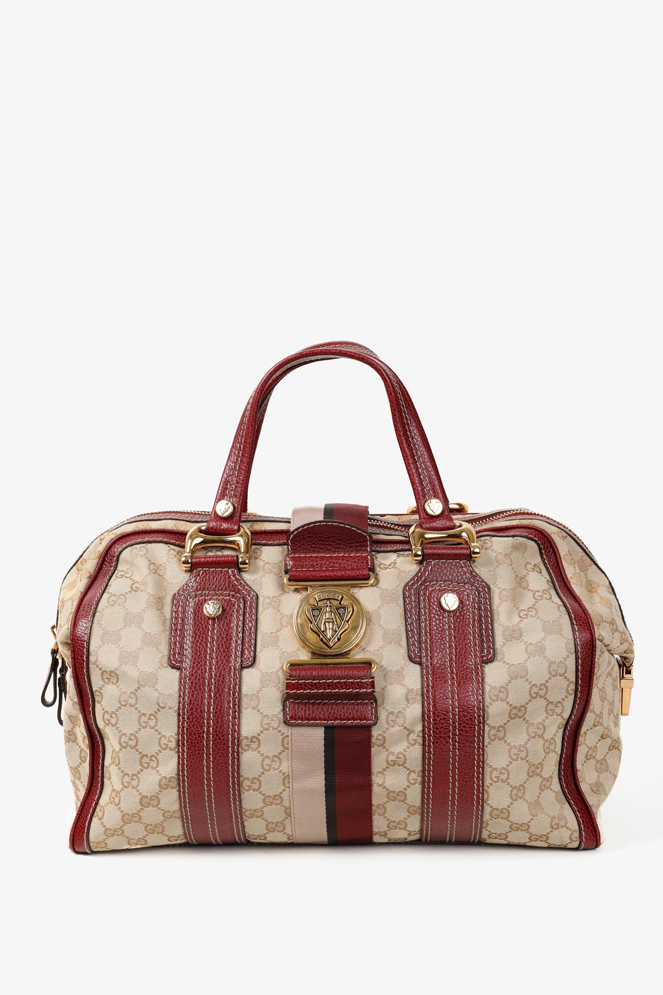 Gucci Aviatrix Guccissima Hysteria Leather-Trimmed Khaki Boston Bag