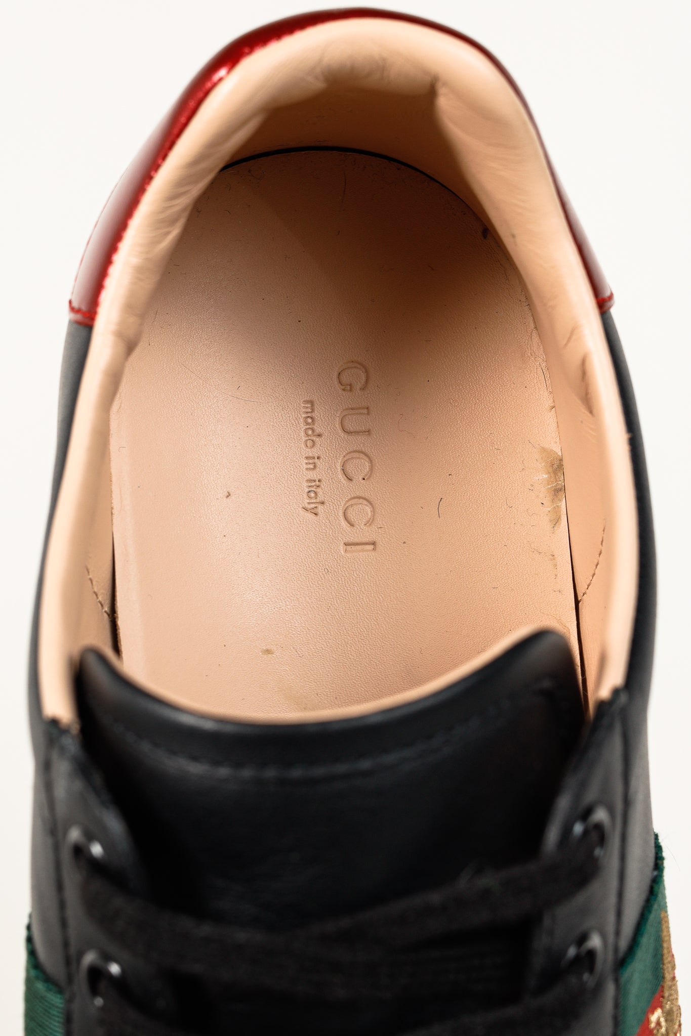 Gucci Ace Web Gold Bee Black Leather White Platform Sneaker