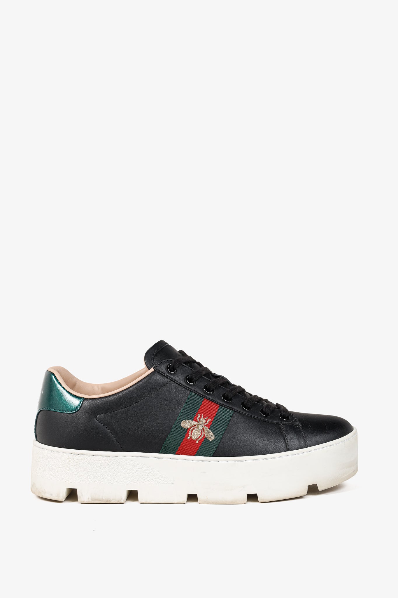 Gucci Ace Web Gold Bee Black Leather White Platform Sneaker