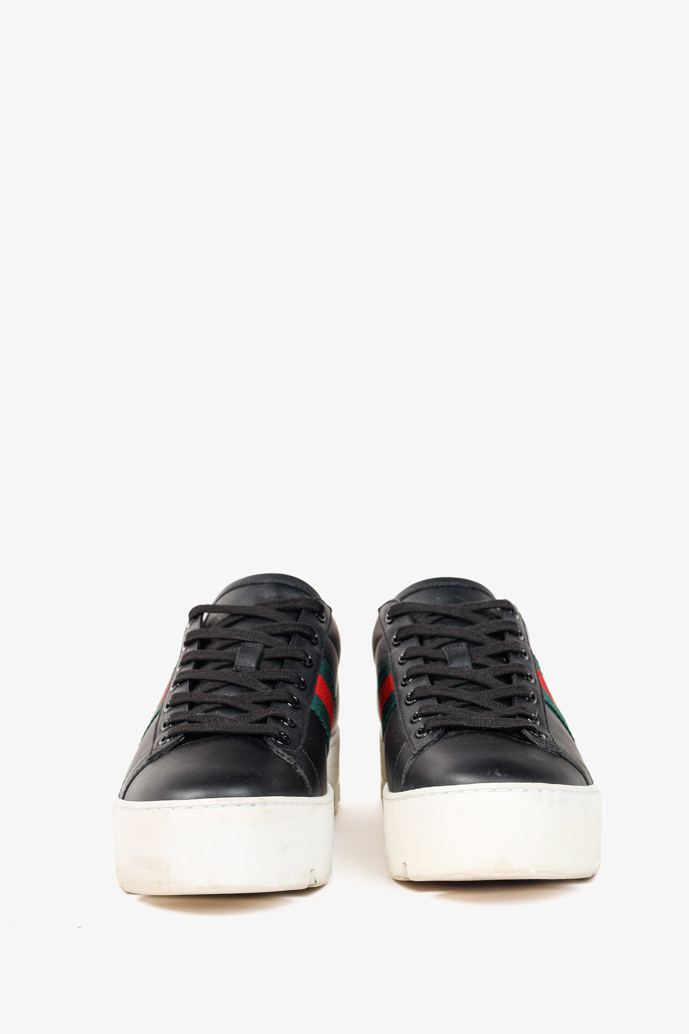 Gucci Ace Web Gold Bee Black Leather White Platform Sneaker