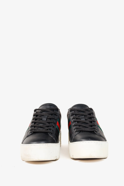 Gucci Ace Web Gold Bee Black Leather White Platform Sneaker