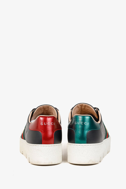 Gucci Ace Web Gold Bee Black Leather White Platform Sneaker