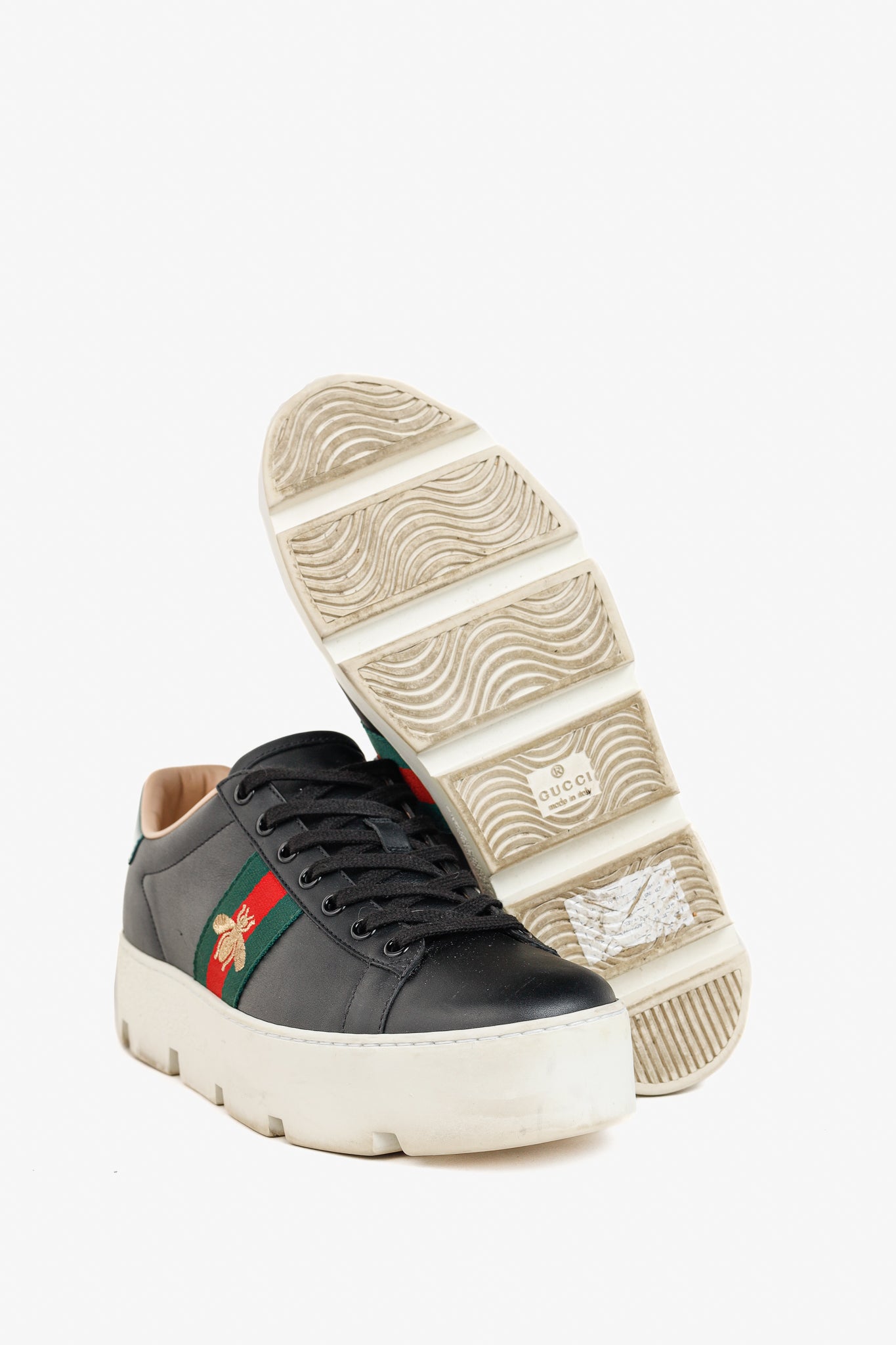 Gucci Ace Web Gold Bee Black Leather White Platform Sneaker