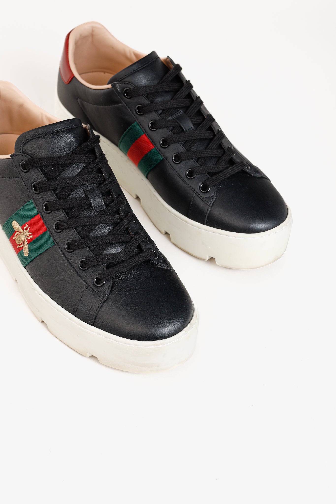 Gucci Ace Web Gold Bee Black Leather White Platform Sneaker