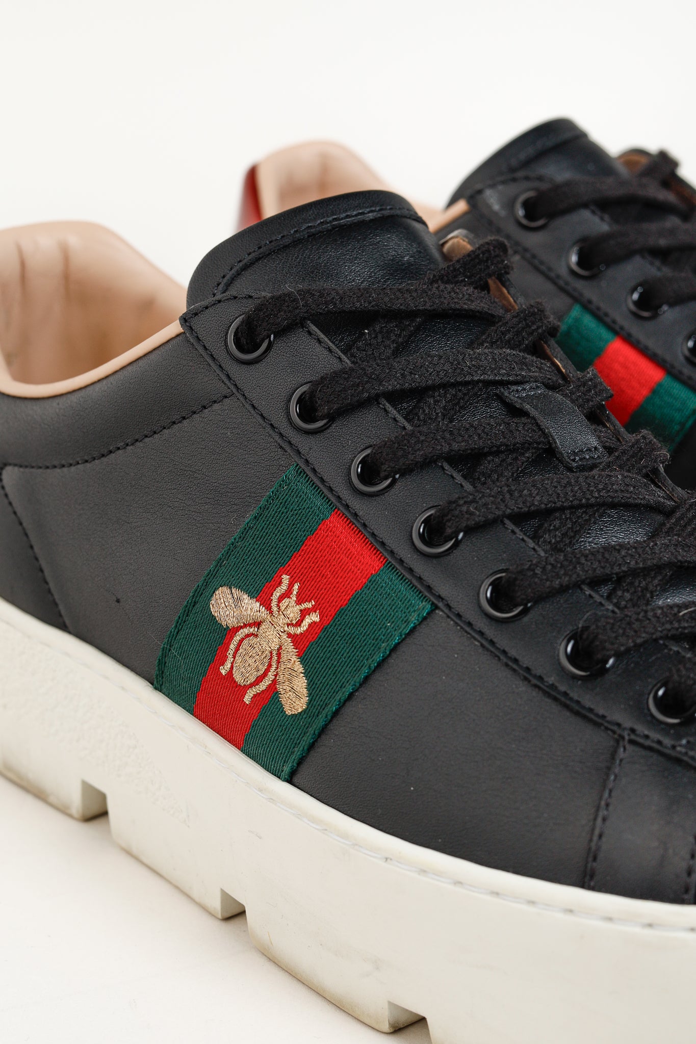 Gucci Ace Web Gold Bee Black Leather White Platform Sneaker