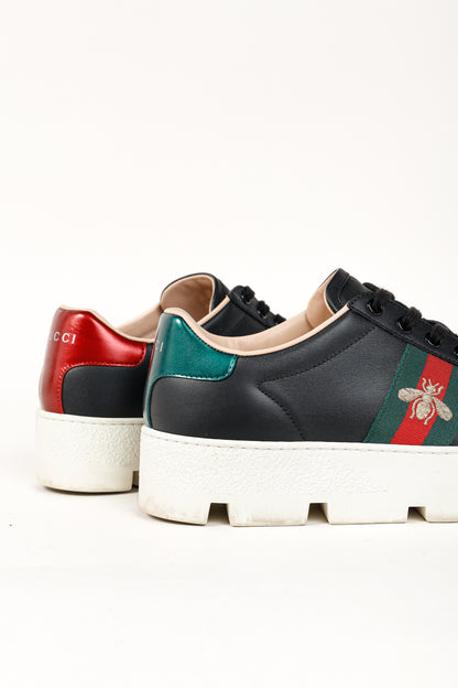 Gucci Ace Web Gold Bee Black Leather White Platform Sneaker