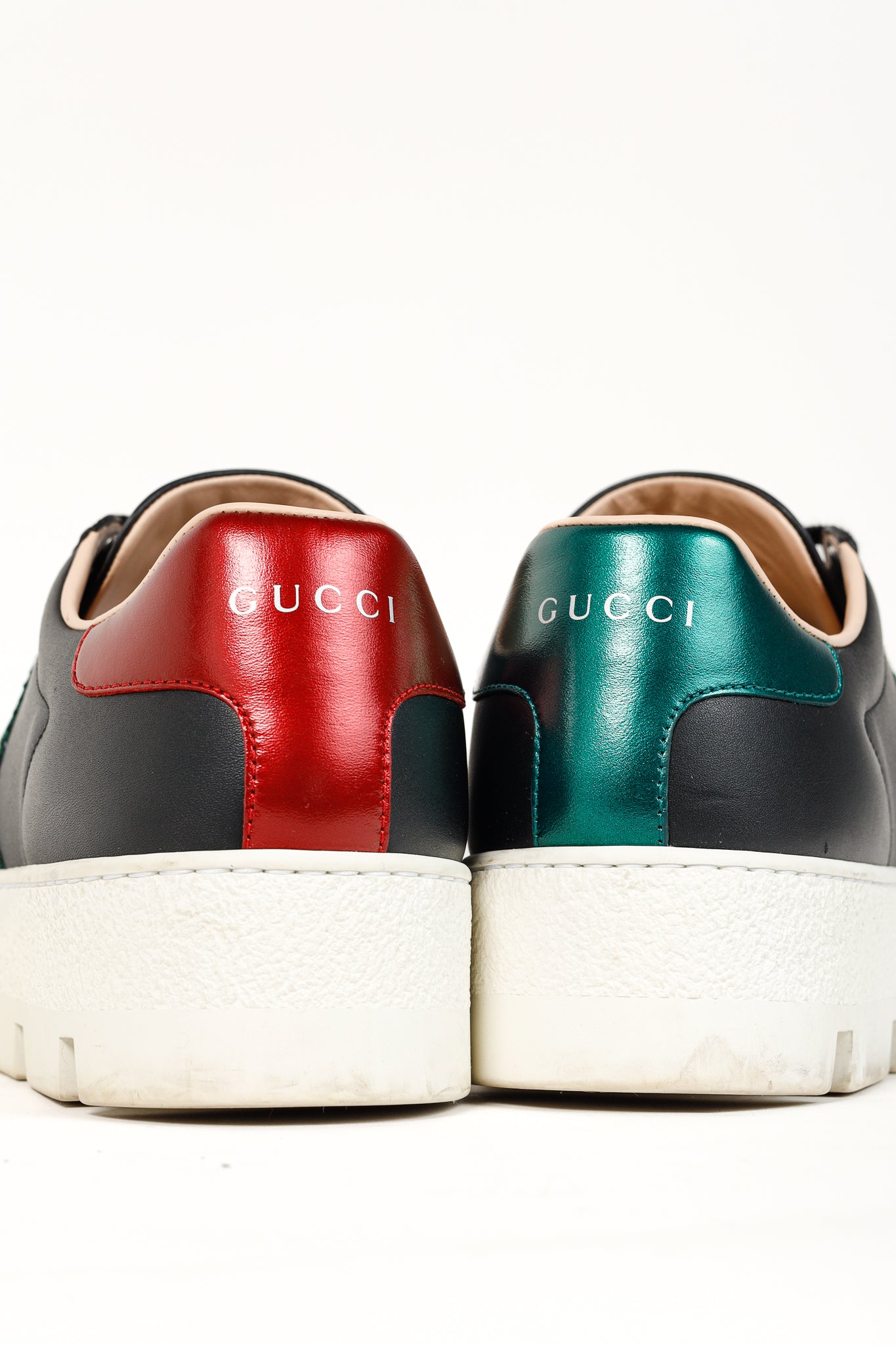 Gucci Ace Web Gold Bee Black Leather White Platform Sneaker