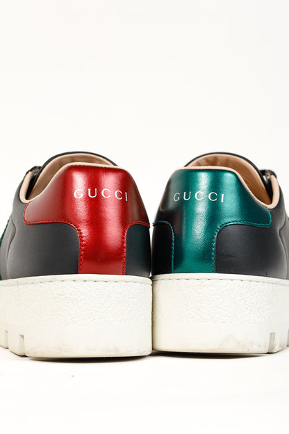 Gucci Ace Web Gold Bee Black Leather White Platform Sneaker