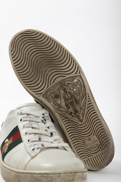 Gucci Ace Bee White Leather Lace-Up Sneakers