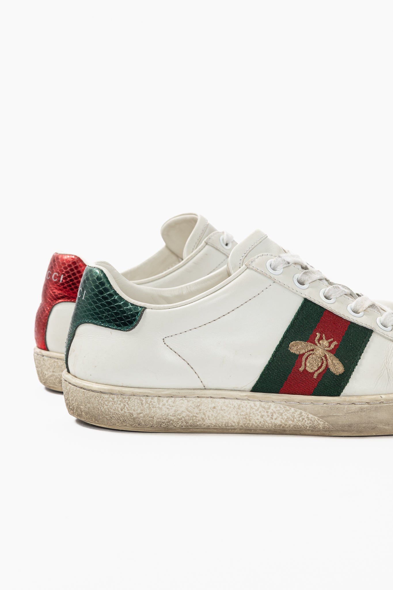 Gucci Ace Bee White Leather Lace-Up Sneakers