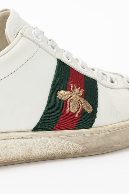 Gucci Ace Bee White Leather Lace-Up Sneakers