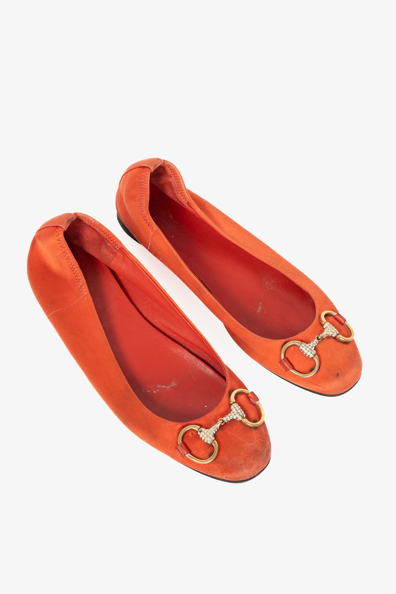 Gucci Orange Satin Crystal-Horsebit Ballet Flats