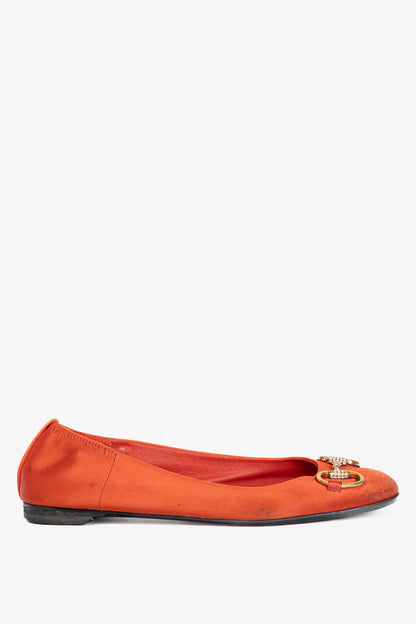 Gucci Orange Satin Crystal-Horsebit Ballet Flats
